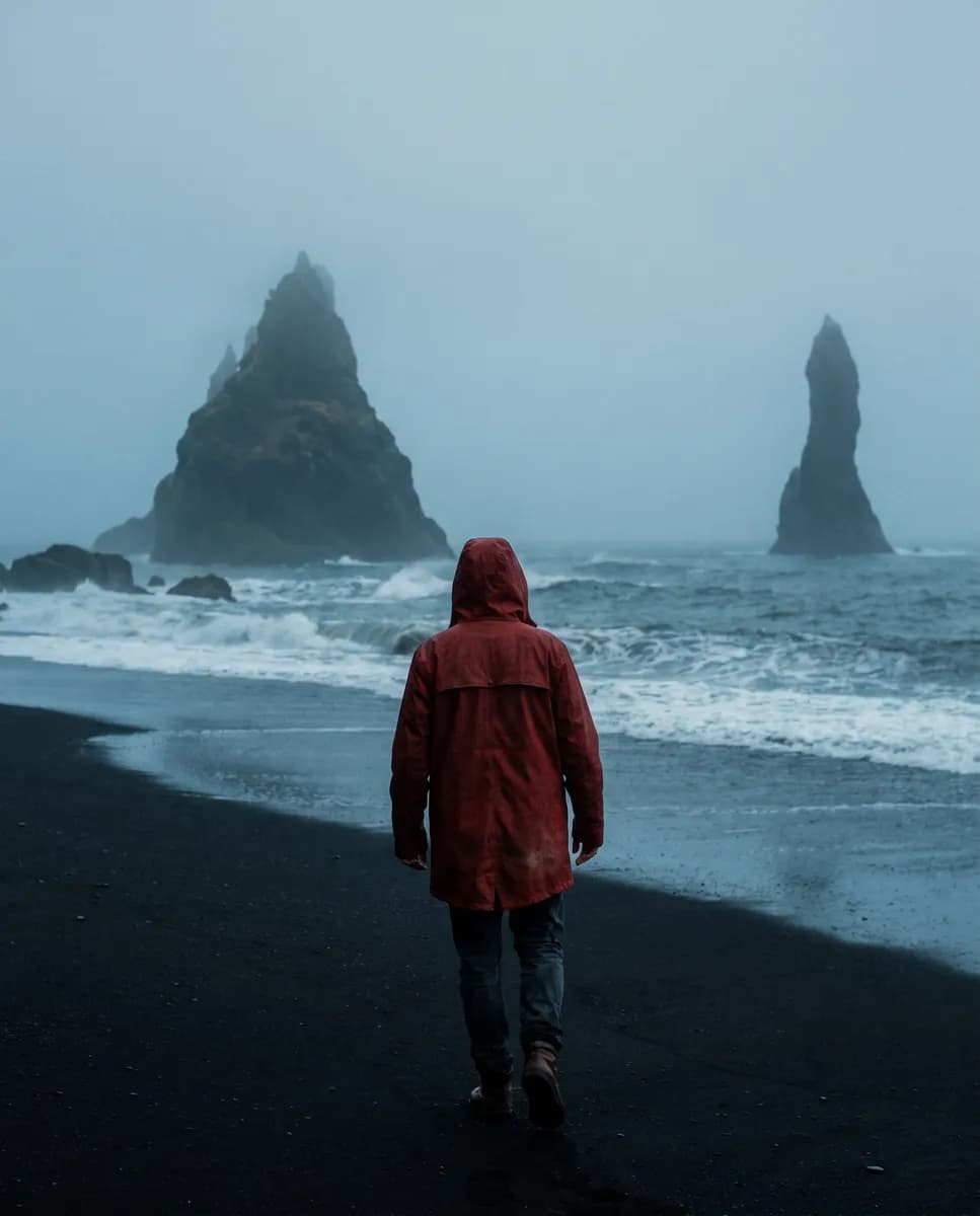 Figure in a red raincoat on a black sand beach