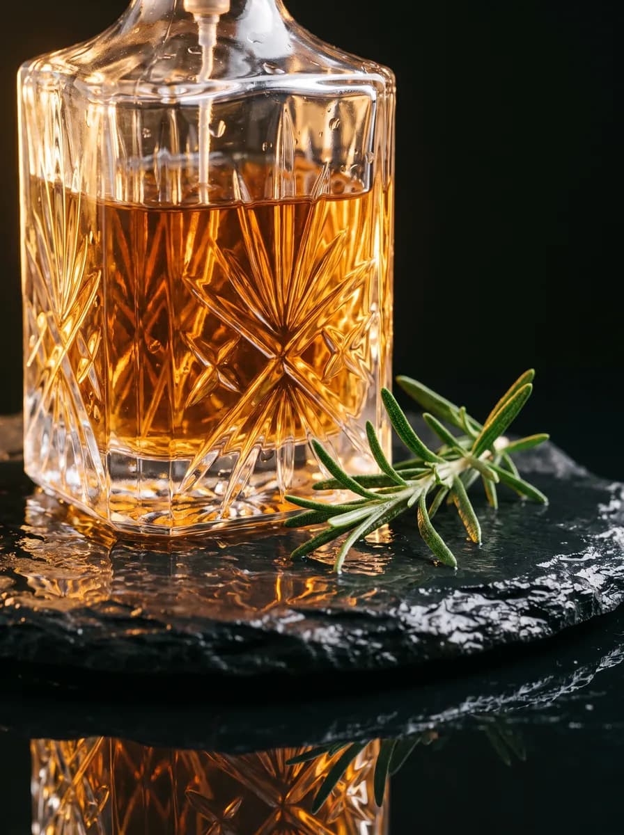 Crystal decanter on wet slate