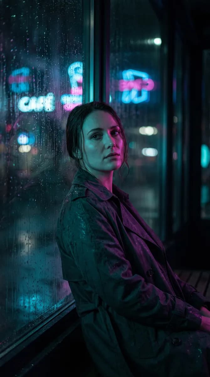 Woman by a rainy window lit by neon