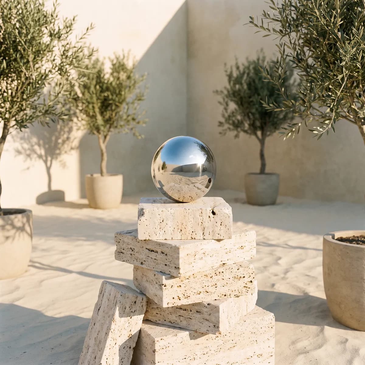 Chrome sphere on travertine blocks