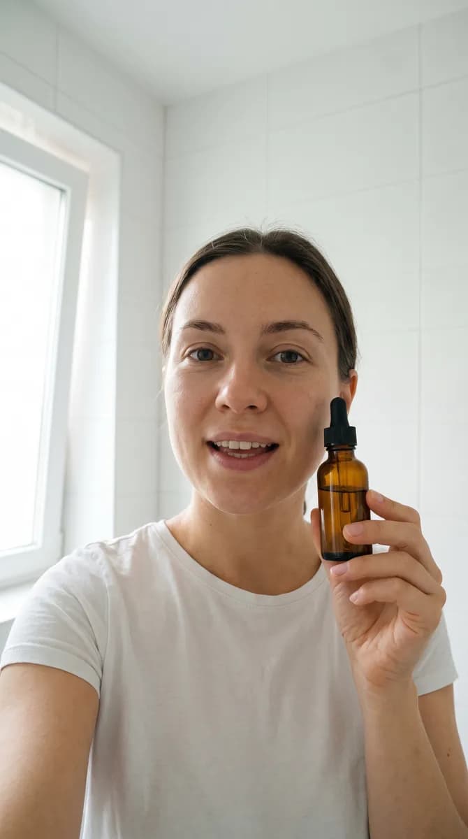Selfie-style ad holding a serum bottle